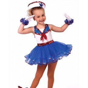 Girls blue jazz dance costumes toddlers tutu skirt girl princess dress sailor mariner cosplay outfits Navy performance clothes